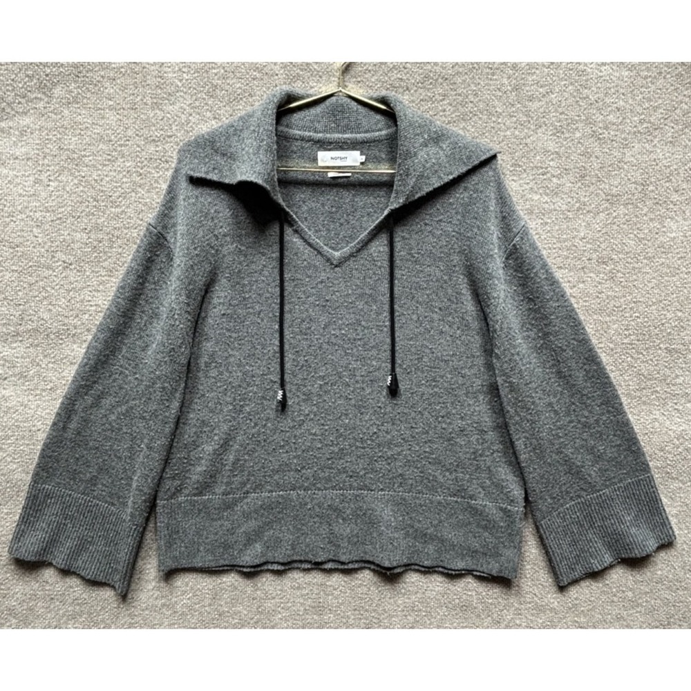 Notshy Pullover Sweater 100% Cashmere V-Neck Collared Gray Bell‎ Sleeve EUC